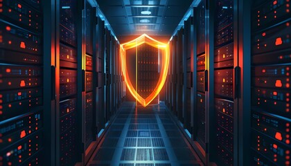 Picture shield icon over a server for data protection