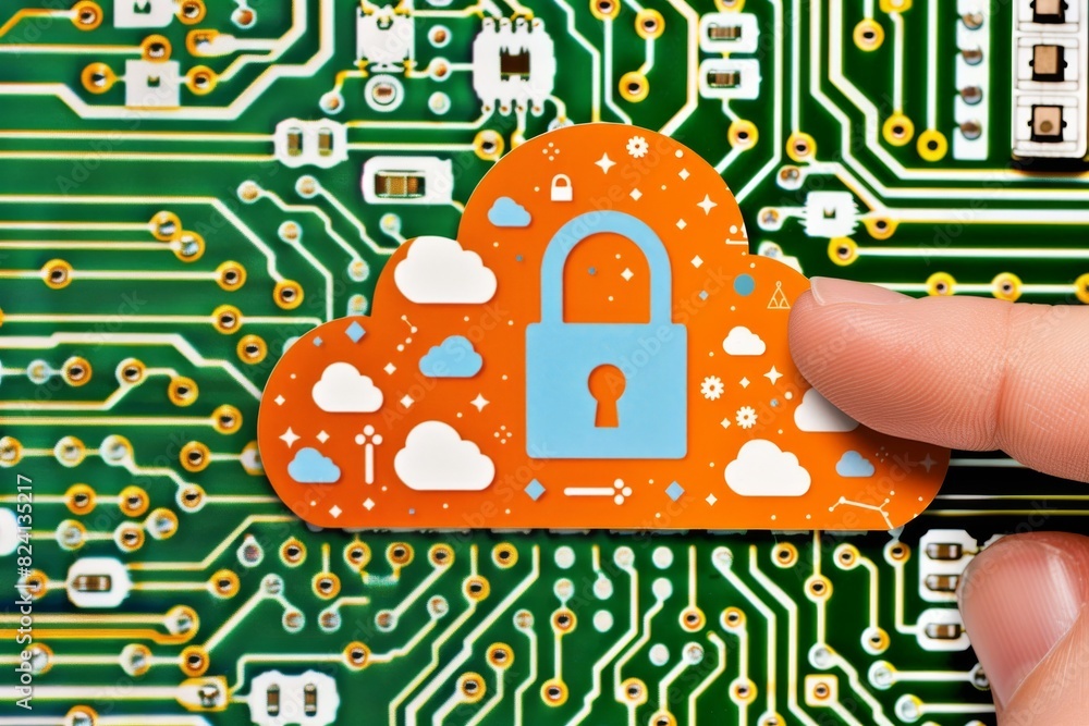 Poster hand holding a cloud with secure lock hologram, symbolizing digital data protection and network secu