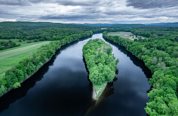 Aerial view of the Connecticut River in May from Sunderland, Massachusetts 