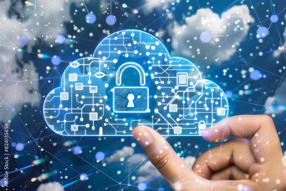 Poster hand pointing at a secure cloud lock icon, symbolizing online data protection and network security.