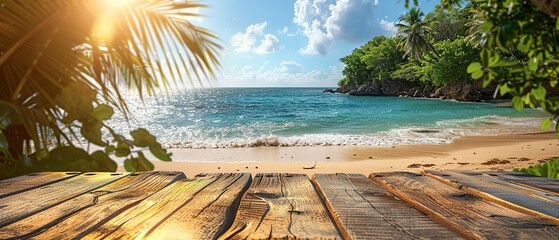 Empty wood table over blue sea, beach and palm leaves background in summer day.