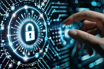 Hand interacting with a secure cloud lock interface, emphasizing data protection and advanced network security.