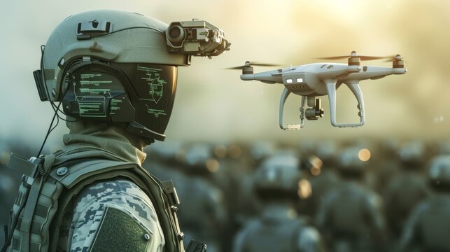 Modern soldier equipped with high-tech gear monitors drones through a digital interface, highlighting future warfare strategies.