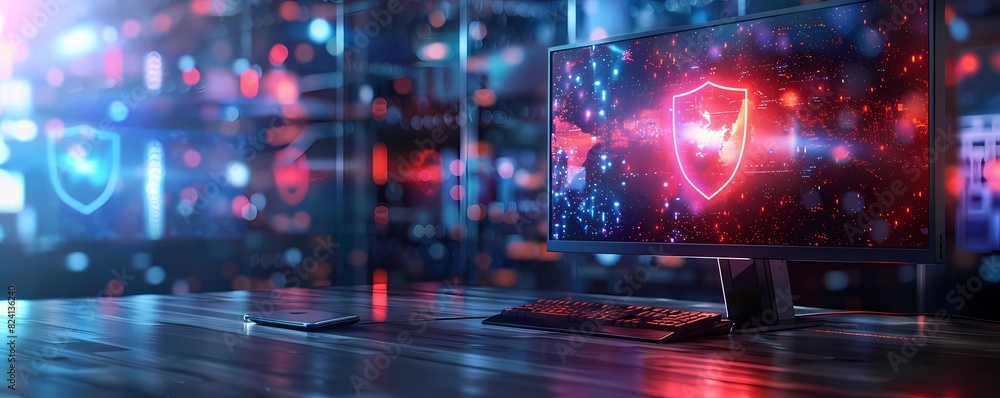 Aufkleber imagine computer monitor with a shield icon for network protection