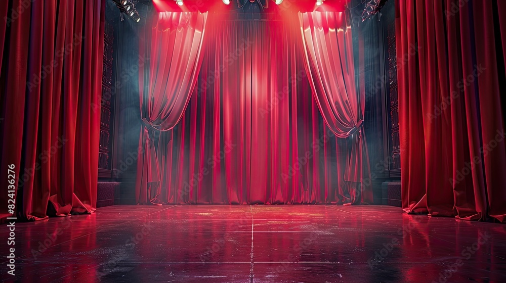 Poster a red curtain is drawn open in a theater. the stage is empty and the curtains are red