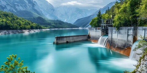 Hydroelectric power plant quietly generates electricity in serene valley setting. Concept Renewable energy, Power generation, Hydroelectric plant, Environmental impact, Valley landscape