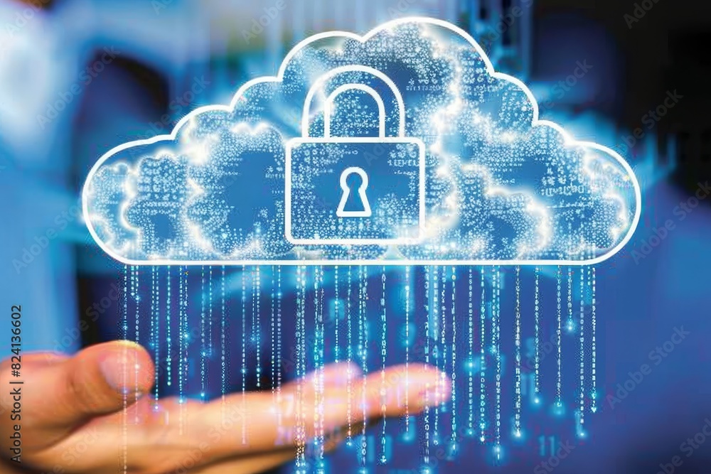 Poster hand holding a cloud with secure lock hologram, symbolizing digital data protection and network secu