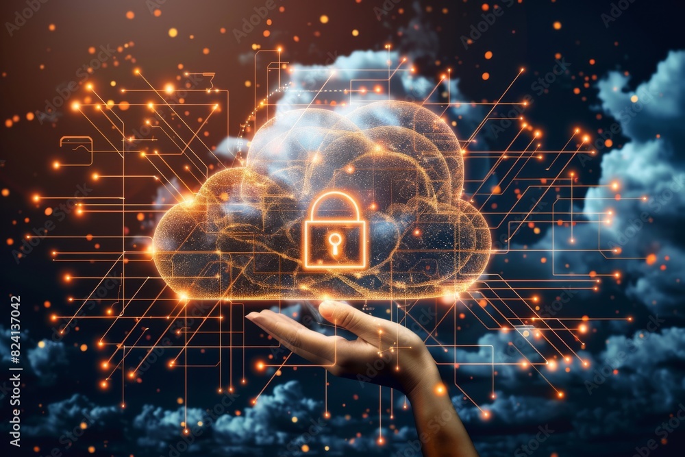 Poster hand holding a cloud with secure lock icon, symbolizing data protection and online security in a glo