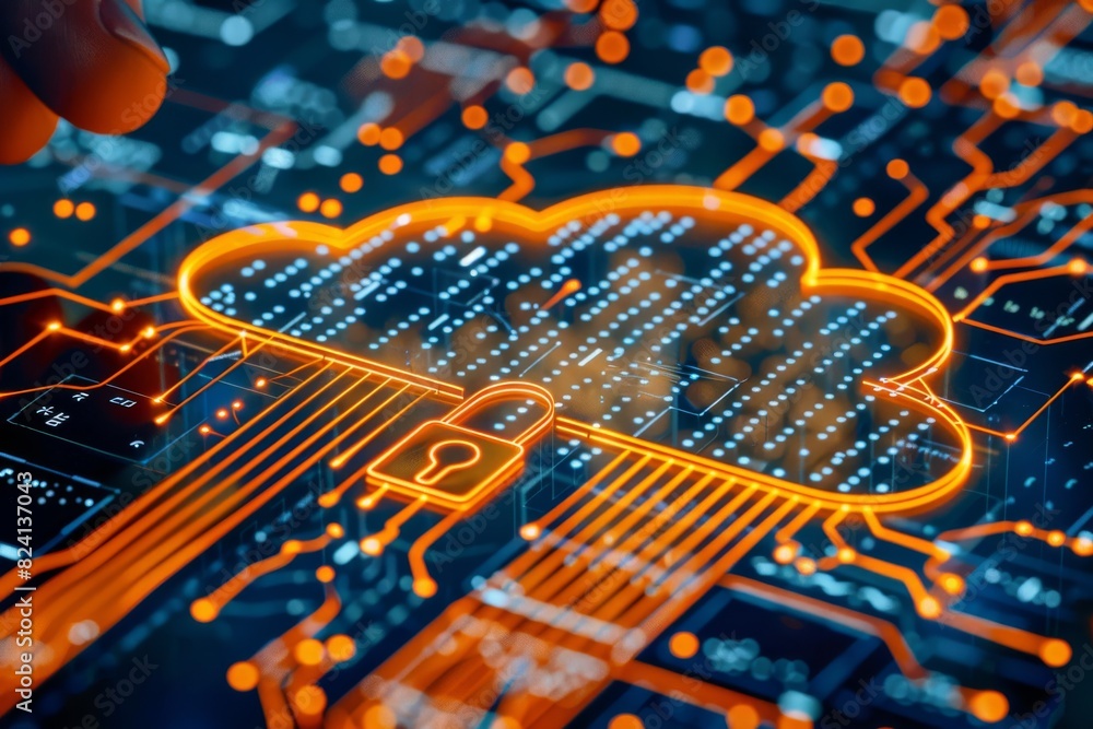 Aufkleber hand pointing at a secure cloud lock icon on a blue circuit board, emphasizing cybersecurity and dig