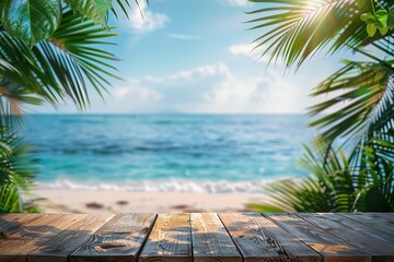 Empty wood table over blue sea, beach and palm leaves background in summer day.