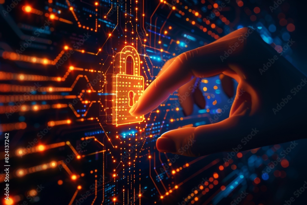 Poster digital hand interacting with a secure lock icon on a circuit board, highlighting cybersecurity and 