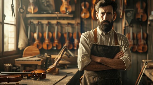 The picture of the violin maker inside the workshop for making or repairing the musical instrument created from wood called violin that must use woodworking skill to work in this occupation. AIG43.