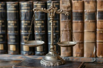 Bronze scales of justice in front of a row of old law books symbolizing law and legal system
