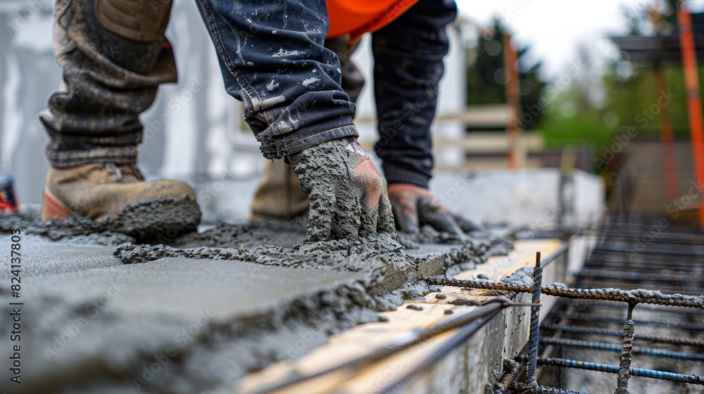 Poster a construction worker using a pneumatic formwork system to easily adjust and mold concrete into desi