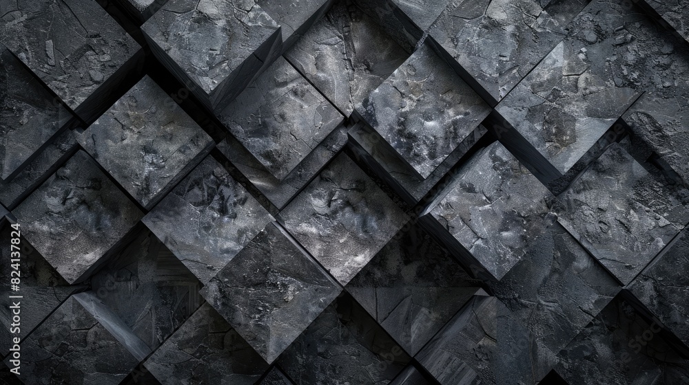 Poster a black and gray image of a wall made of blocks. the blocks are arranged in a way that creates a pat