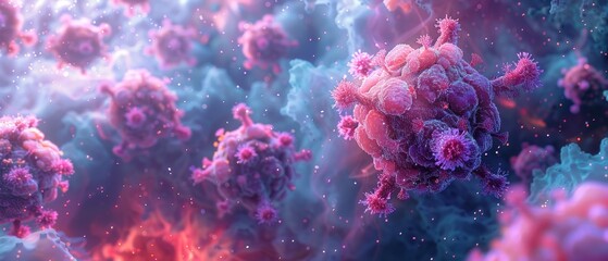 Close-up of vibrant, microscopic view of a virus with intricate details in pink and purple hues, surrounded by a cloudy, nebula-like background, showcasing the complexity and beauty of microorganisms.