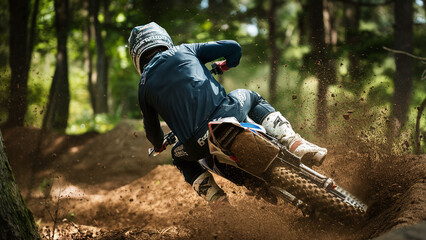 Fototapeta premium dynamic photography rear view of professional motocross rider riding bike in the woods, dust, going fast, extreme sports and adrenaline