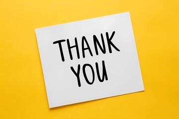 Thank You text on white sheet of paper against yellow background. Thank you sticky note. Business Concept.