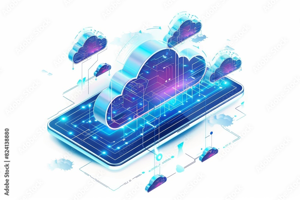 Poster isometric illustration of a secure cloud network, emphasizing advanced data protection and connectiv