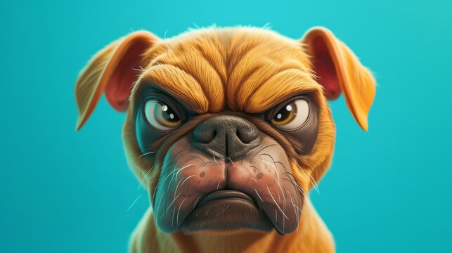 Highly detailed digital artwork of a grumpy pug with a deeply furrowed brow and a dissatisfied look, against a turquoise background.