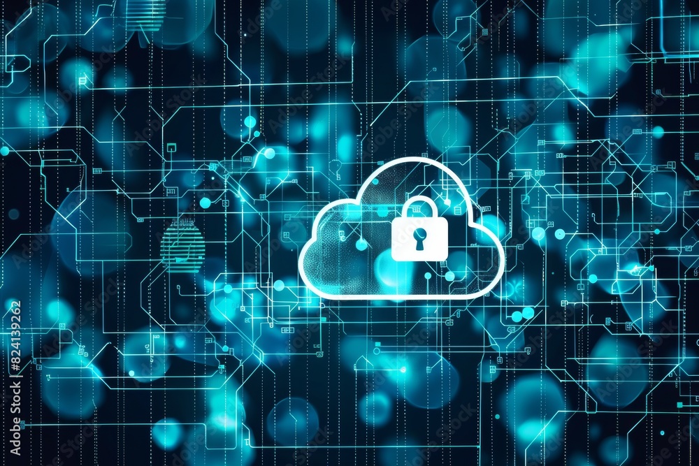 Poster digital illustration of a secure cloud lock, highlighting advanced cybersecurity measures and data p