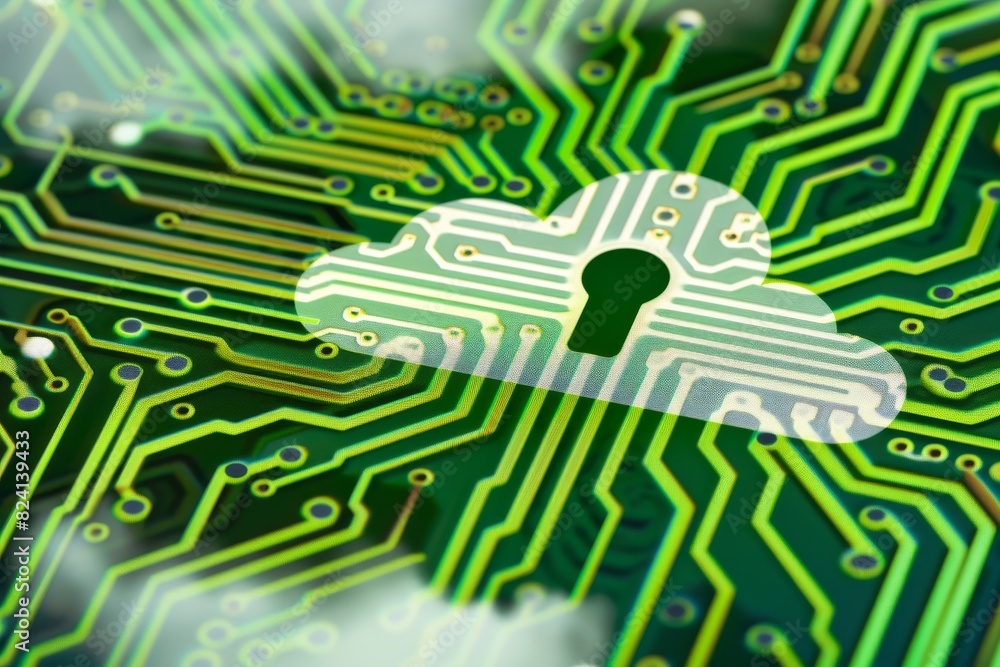 Poster digital illustration of a secure cloud network, highlighting data protection and cybersecurity.
