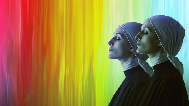 Side profiles of two nuns set against a backdrop of radiant, flowing colors, reflecting a spiritual serenity.
