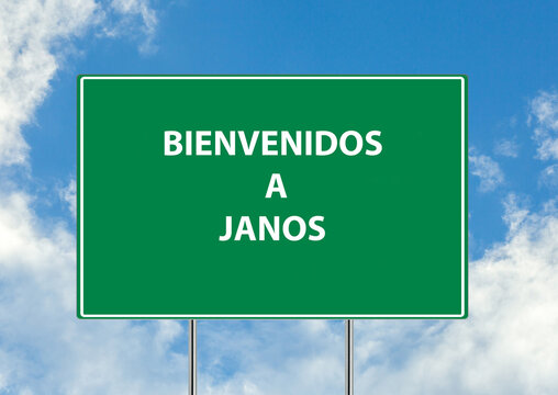 Siguiente salida Bienvenidos a janos una se&ntilde;al verde sobre fondo de cielo azul. Colecci&oacute;n de se&ntilde;ales de tr&aacute;fico conceptuales