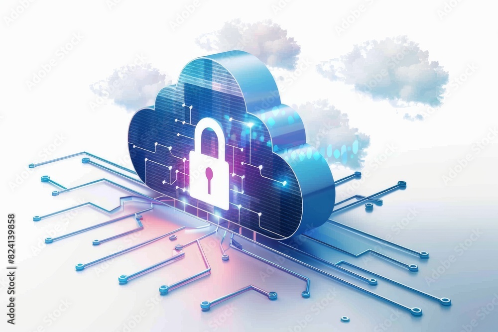 Poster digital illustration of a secure lock icon on a network interface, highlighting data protection and 