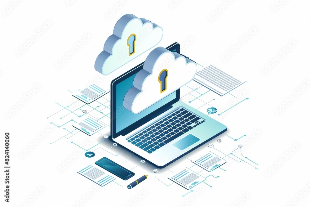 Poster isometric illustration of a secure cloud network, symbolizing advanced data protection and connectiv