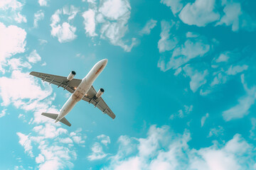 Obraz premium Airplane flying in a blue sky with copy space for travel, showcasing the allure of a vacation getaway and the convenience of air travel for any trip