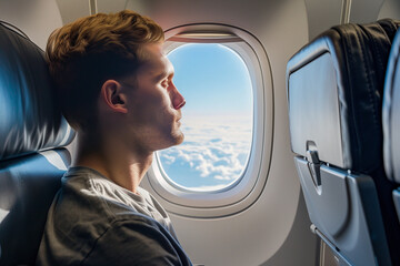 Fototapeta premium Passenger looking at the sky out of an airplane window during a trip, reflecting on their exciting vacation travel and anticipating the upcoming trip