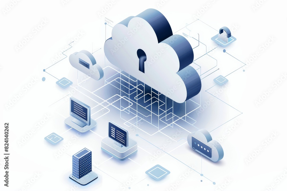 Poster secure lock icon in a cloud network, representing advanced cybersecurity measures and digital protec
