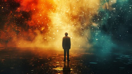 A man in silhouette faces a massive cosmic explosion, blending themes of wonder and the unknown in a visually striking setting.