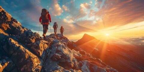 Teamwork and trust lead to business success in climbing mountains together. Concept Teamwork, Trust, Business Success, Climbing Mountains