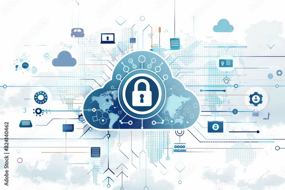 Poster isometric illustration of cloud computing with secure lock icon, representing digital security and a