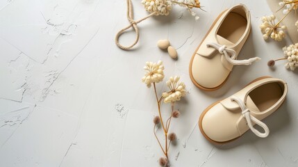 Baby shoes and teethers. Organic newborn accessories. copy space. Cute background