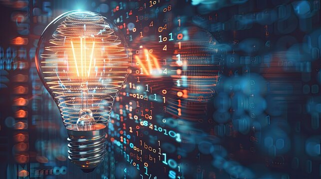 abstract background on a light bulb surrounded by binary code