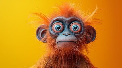 Fototapeta premium Vibrant portrait of an orange-haired monkey with wide eyes and a surprised expression, set against a sunny yellow background, emphasizing its playful demeanor.