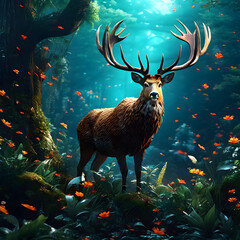 Guardian of the Orange Bloom, Stag in a Vibrant Forest, Forest, OrangeFlowers, Stag, Illustration, Nature, GenerativeAI
