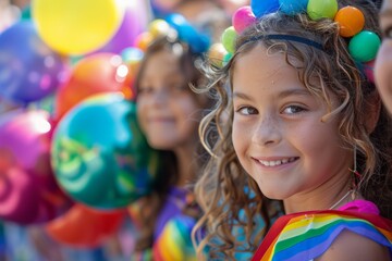 Fototapeta premium Joyful young girl with curly hair wearing rainbow outfit and accessories, smiling among colorful balloons during a pride celebration. the spirit of inclusivity, diversity, and Pride Month festivities.