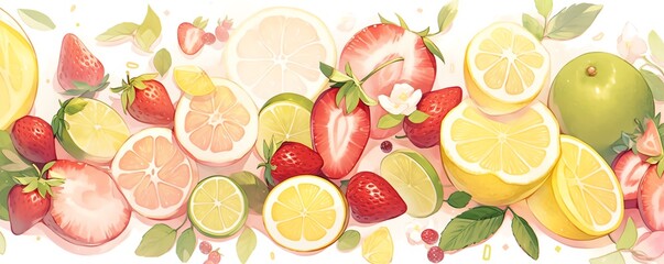 Bright and colorful illustration of various fresh fruits including strawberries, citrus, lemons, and limes, arranged in a vivid and lively composition.