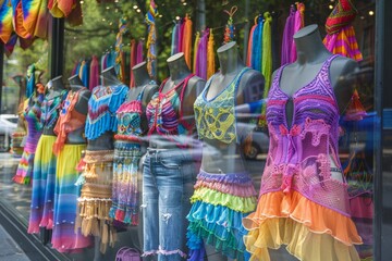 Obraz premium Storefront with mannequins dressed in colorful, vibrant outfits and rainbow-themed accessories. festive atmosphere of Pride Month, celebrating LGBTQ+ community, diversity, and joyful self-expression.