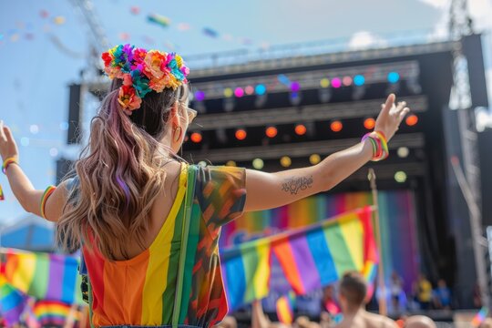 Young woman with rainbow outfit and floral headband raising arms at pride event. festive scene, filled with colorful flags, LGBTQ+ pride, unity, celebration during Pride Month, joyful and inclusive