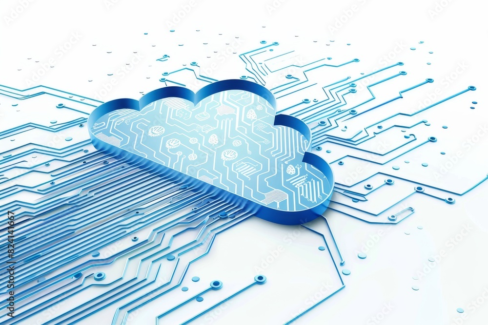 Poster isometric illustration of a secure cloud network, emphasizing data protection and digital connectivi