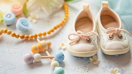 Baby shoes and teethers. Organic newborn accessories. copy space