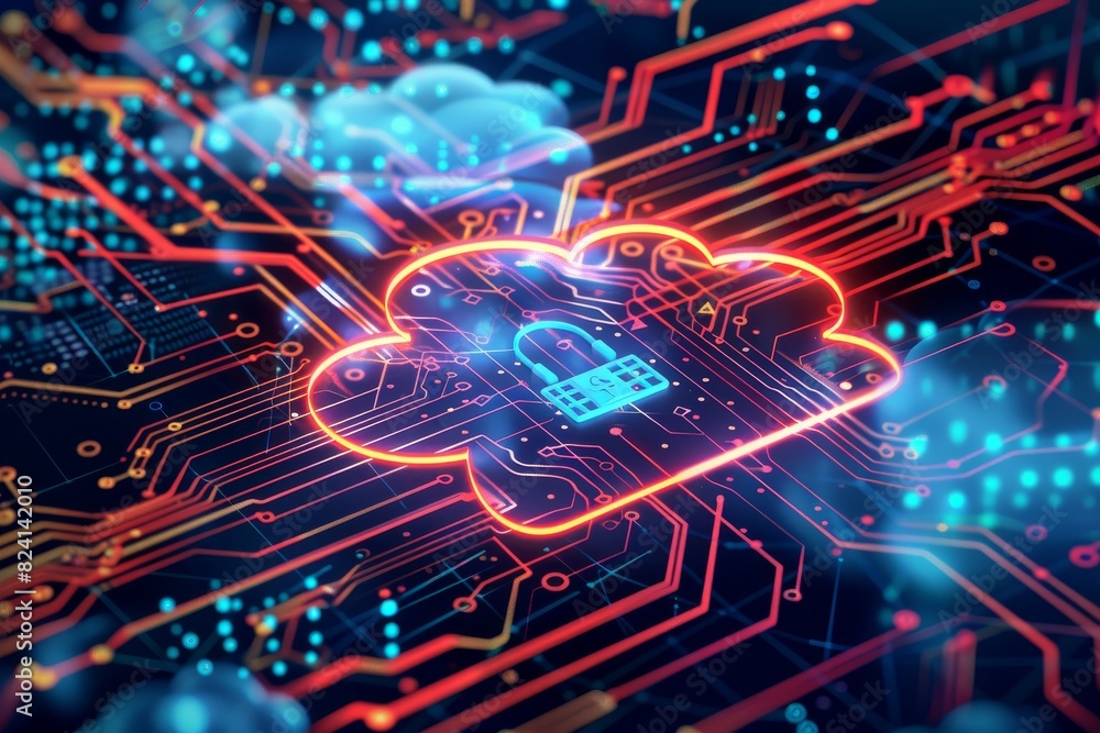 Poster isometric illustration of a secure cloud network, representing digital security and data protection.
