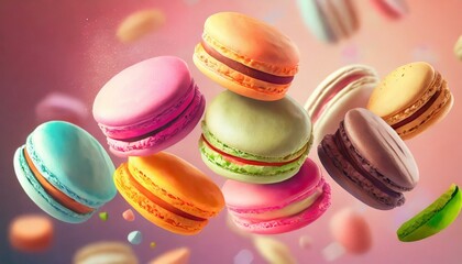Various colorful of macarons floating in the air with motion blur pink background
