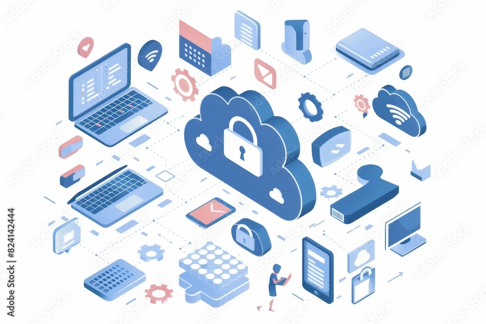 Poster isometric illustration of cloud computing network, emphasizing data protection and digital security.