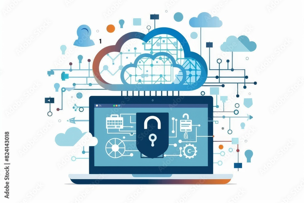 Poster digital illustration of a secure cloud network, representing data protection and advanced cybersecur